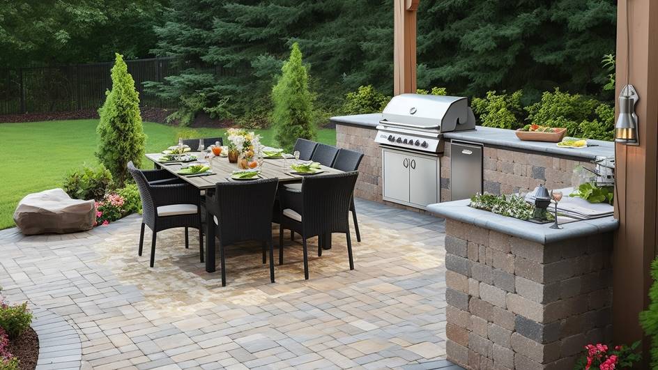 Patio dining set and grill station amidst a landscaped garden