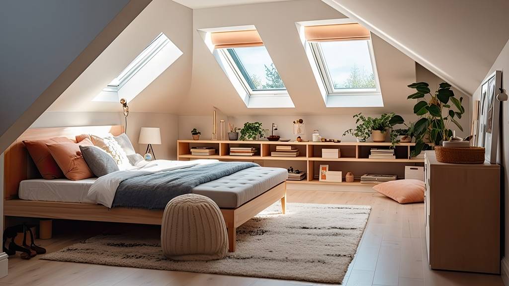 Loft bedroom with a bed, skylights, and wooden furnishings