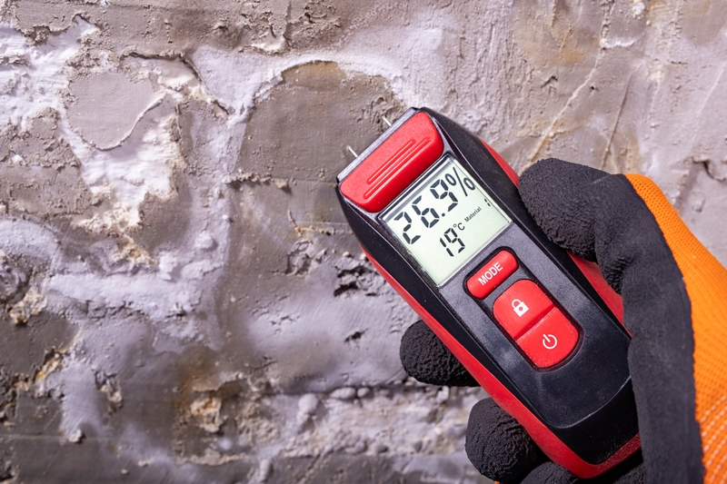 Hand-held moisture meter showing dampness level on a plastered wall surface