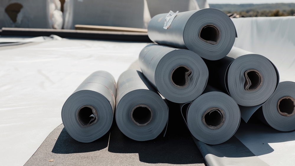 Rolls of PVC roofing membrane prepared for flat roof installation.