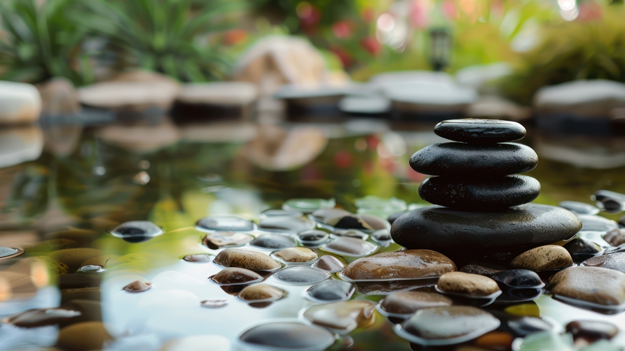 A tranquil garden pond with smooth stacked black stones, surrounded by reflective water and lush greenery