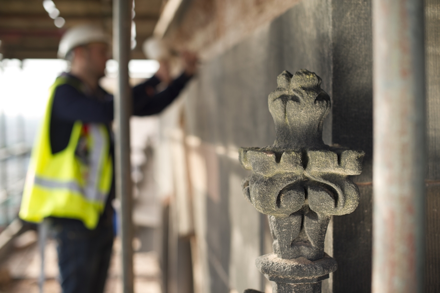 Decorative stone feature during historic building conservation work