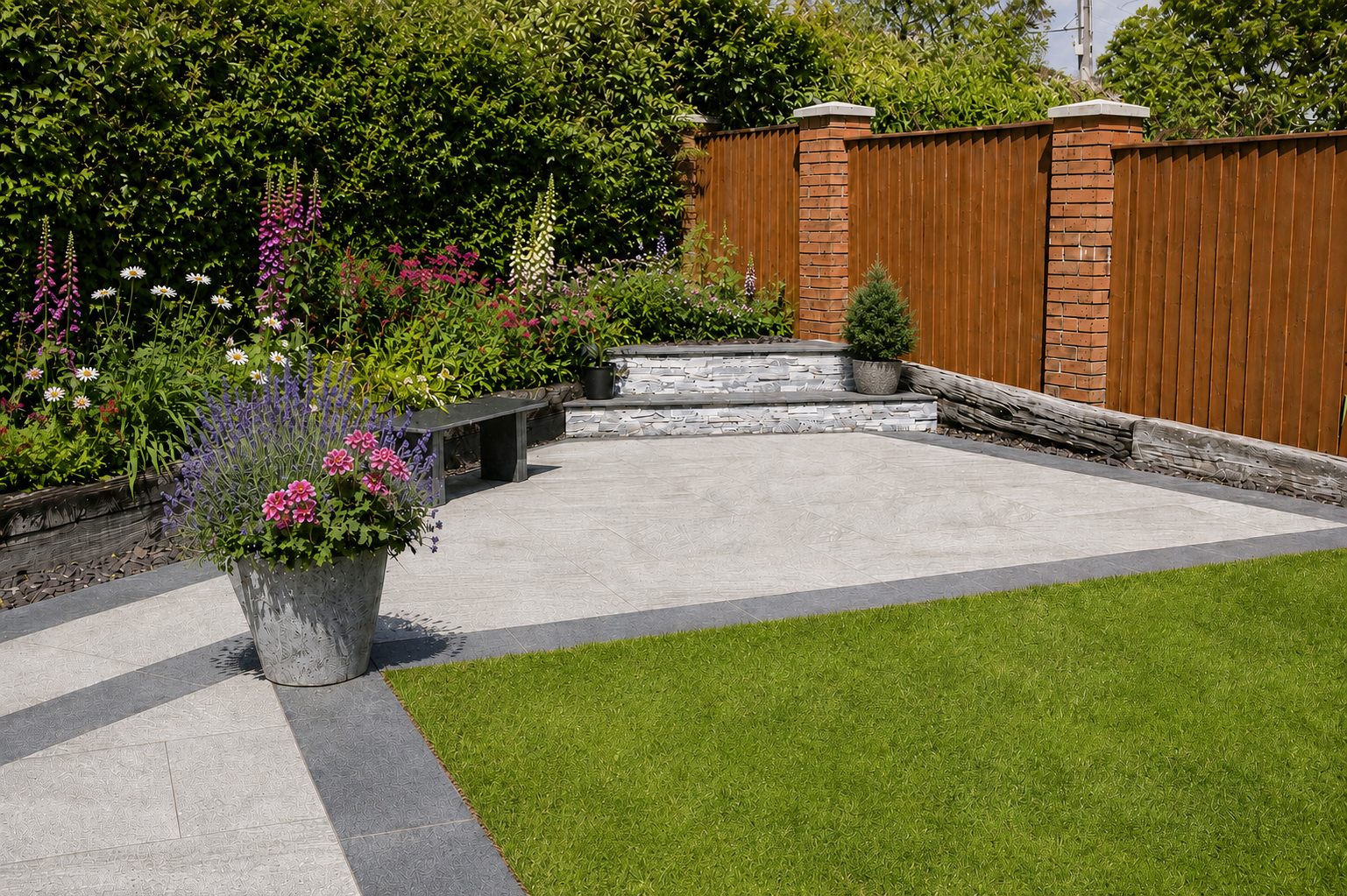 Modern garden patio with flowers, paving, lawn, fencing and a raised outdoor seating area