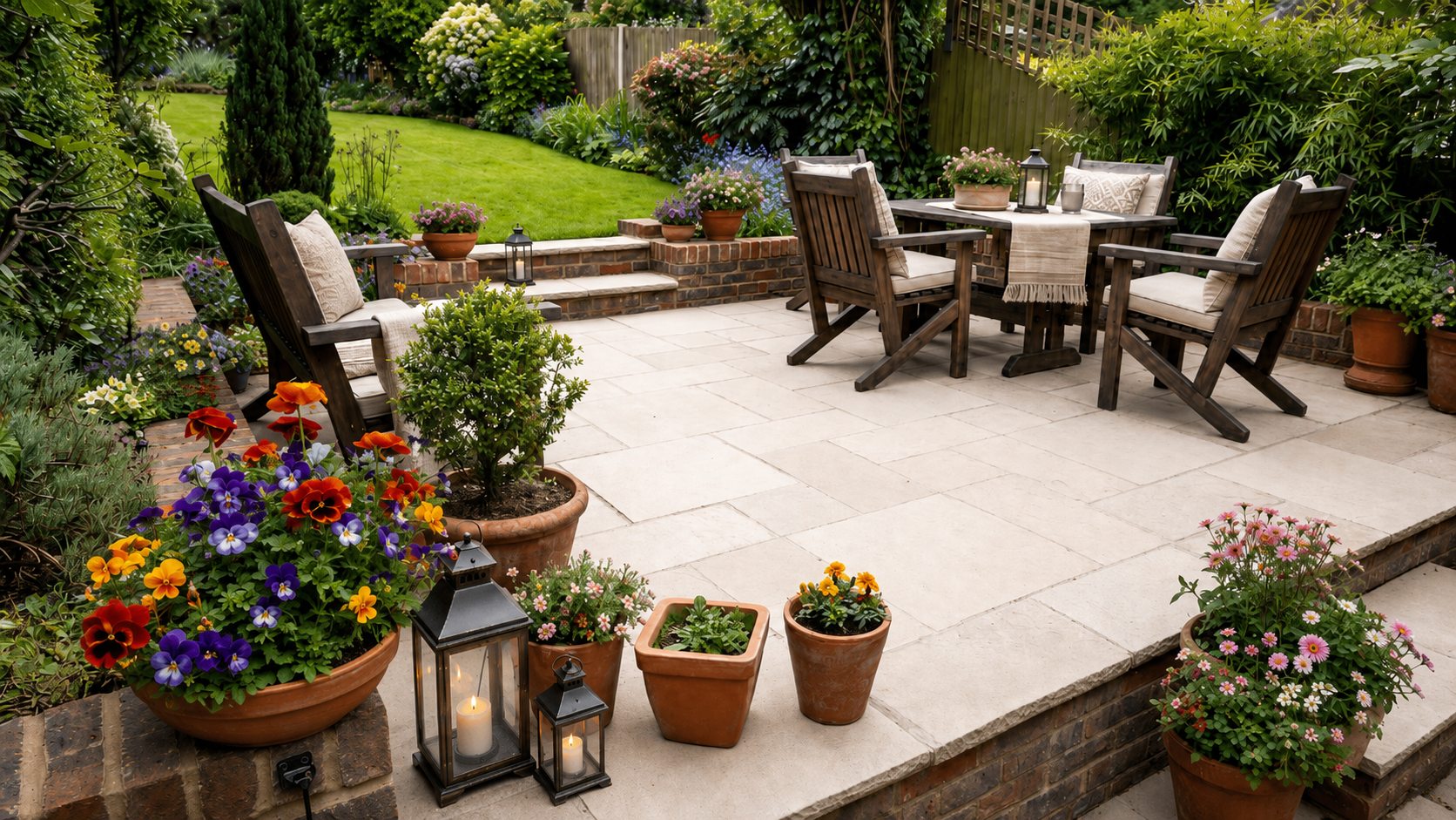 Paved garden patio with outdoor furniture, low brick walls, steps and planting